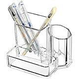 Sooyee Clear Acrylic 3 Compartment Pen and Pencil Holders Cups Business Card Holder Box Office Supplies Desktop Organizer Storage Caddy 5.4x3.8x4.4inch Pack of 1