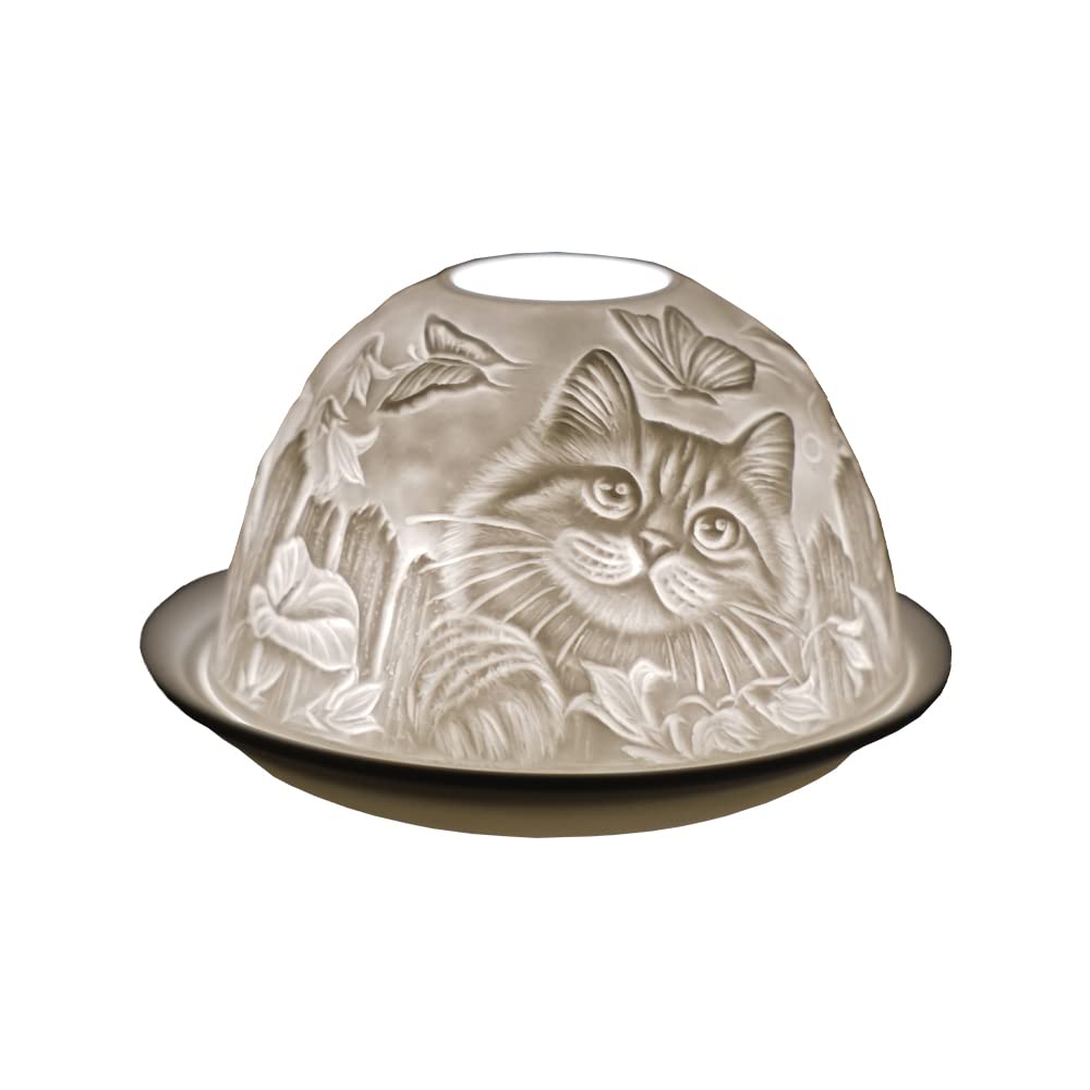 Cello Porcelain Tealight Holder Dome – Cat Design with 3D Projection Image & Message Scented Unscented LED Candle Wax Warmer Animal Lovers Nature Gifts Ornament Home for Women Mom