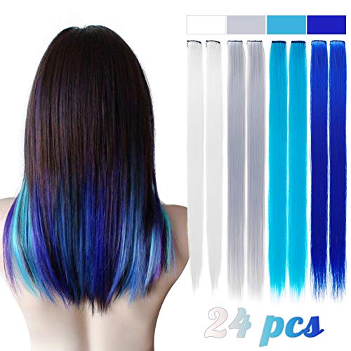 Colored Clip In Hair Extensions For Girls 24 Pcs Straight Fashion Hairpieces For Party Highlights White Gray Blue Buy Online In Japan At Desertcart Jp Productid