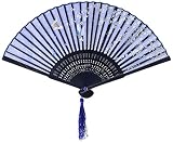 OliaDesign Japanese Handheld Blue Butterfly Folding Fan Silk Handheld Folding Fan .,Dark Blue,One Size