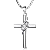 MEIDERBO Cross Birthstone Necklace for Women 925 Sterling Silver Cross Pendant Christian Religious Jewelry Birthday Christmas Gifts for Her/Wife/Mom/Girlfriend