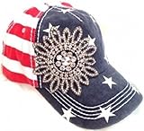 Womens Olive & Pique American Flag Patriotic Rhinestone Flower Cap