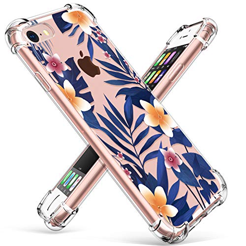 GVIEWIN Clear Flower Designed for iPhone 8 Case/iPhone 7 Case, Soft TPU Silicone Ultra-Thin Slim Fit Transparent Flowers Flexible Cover (Jasmine Blossom/Dark Blue)