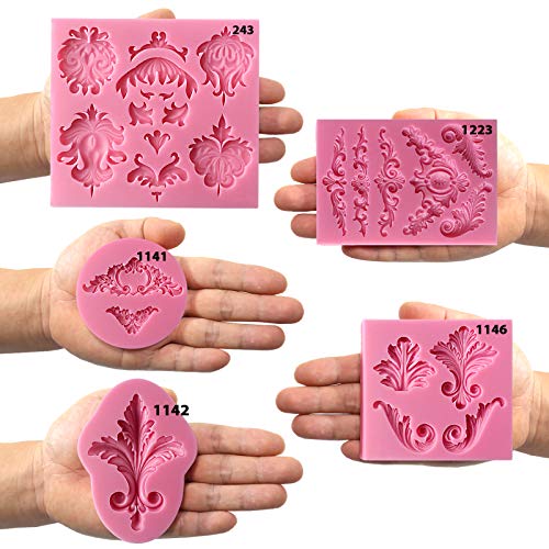 Funshowcase Baroque Style Curlicues Scroll Lace Fondant Silicone Mold for Sugarcraft, Cake Border Decoration, Cupcake Topper, Jewelry, Polymer Clay, Crafting Projects, 5 in Set - Thumbnail 6