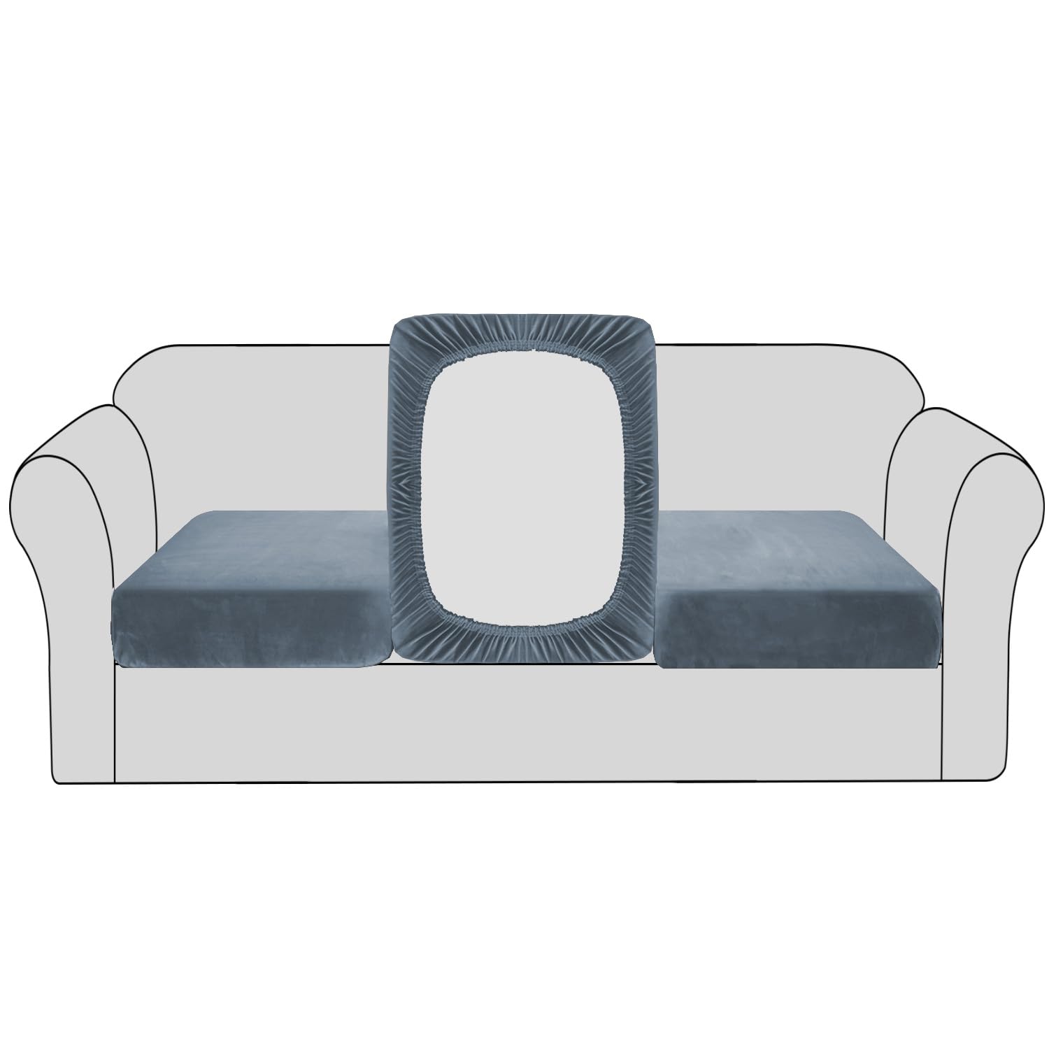 BellaHills Velvet Stretch Sofa Seat Cushion Covers - Modular Cushion Covers Furniture Protector - Elastic Bottom (3 Pieces, Stone Blue)
