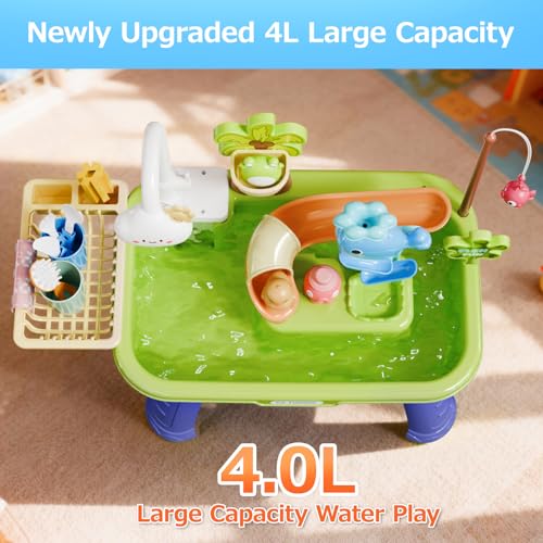 Sand and Water Table for Toddlers 1-3 - 22 Pcs Outdoor Water Play with Automatic Pump, Fishing & Kitchen Sink, 4L Large Capacity Sensory Bin, Summer Outdoor Toys for Kids Ages 1-3, Spring Green
