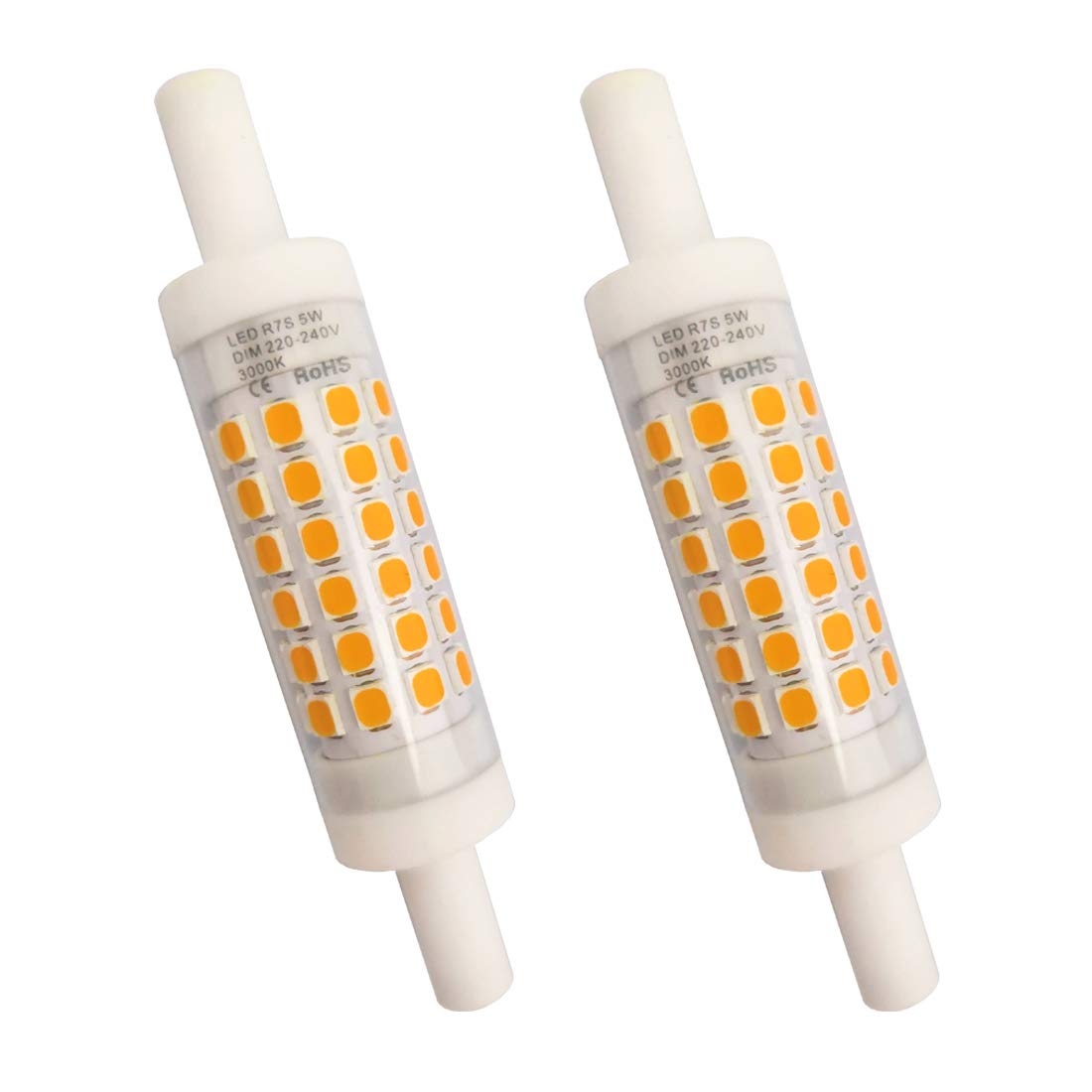 YAKAiYAL 5W R7s LED Light Bulb 78MM Dimmable Warm White 3000K AC220-240V Double-Ended Base J78 Linear Tube Ceramic Bulbs 360 Degree (Dimmable, 2-Pack)