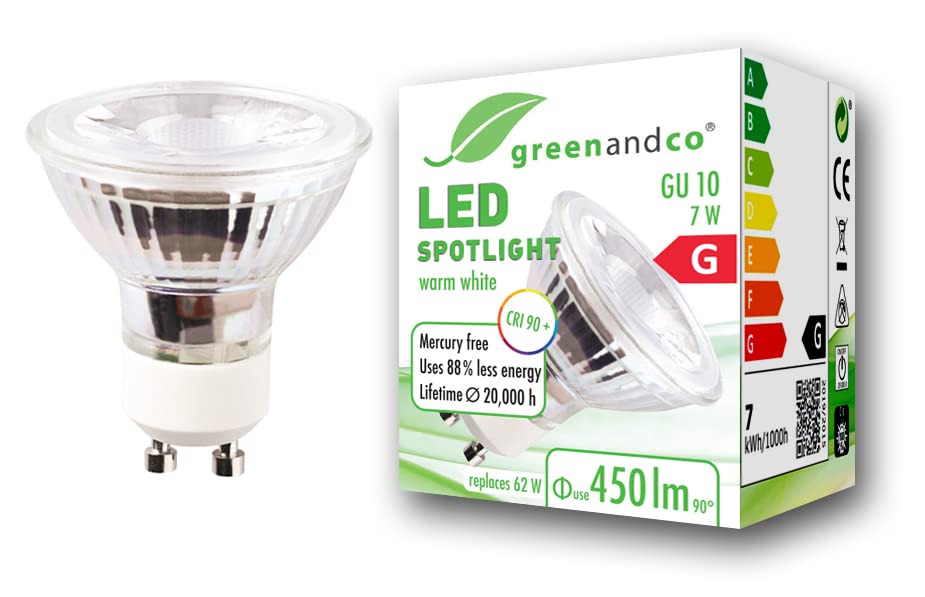 greenandco® CRI 90+ 3000K 36° LED spot Replaces 62 Watt GU10 Halogen Spotlight, 7W 450 Lumen Warm White 230V, no Flicker, not dimmable — image 1