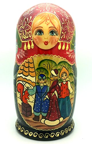 Tsar Saltan fairy tale by Pushkin Russian Nesting doll Hand Carved Hand Painted 5 piece Set 7" tall