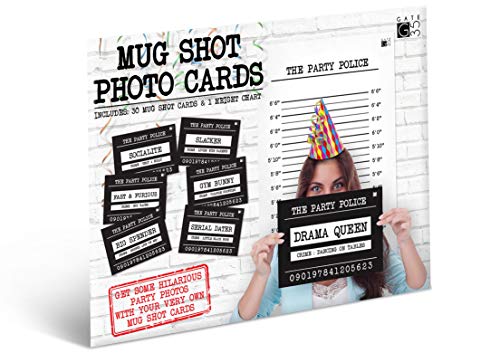 Mugshot Photo Booth Set – 30 Funny Birthday Bachelorette Signs – Includes Back Drop