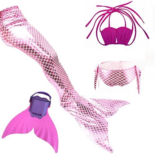 YOPU 4Pcs Set Kids Girls Sparkle Mermaid Tail With Monofin Swimmable Swimwear