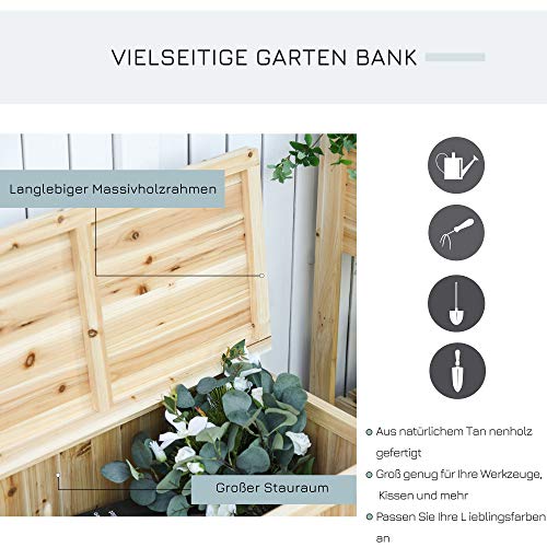 Outsunny Gartenbank mit Stauraum Truhenbank Sitzbank 2-Sitzer 250 kg Belastbarkeit Natur Tanneholz 115 x 45 x 75 cm – Bild 6