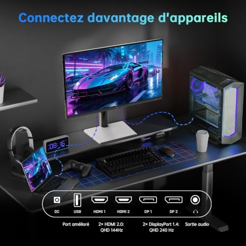 H27E6S Écran Gaming 27 Pouces QHD 2560 x 1440, 240Hz (OC 275Hz), Fast IPS, 1 ms, HDR400, FreeSync & G-Sync Compatible, Eye Care, VESA 100x100mm, Pied Réglable en Hauteur, HDMI 2.0, DisplayPort 1.4