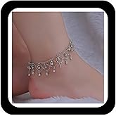 Zeshimb Boho Rhinestone Tassel Anklet Cz Fringe Chain Dangle Anklet Crystal Drop Ankle Bracelets Silver Faux Diamond Foot Chain Jewelry for Women
