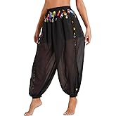 Women's Belly Dance Pants Elastic Wasited Coin Lantern Pants Side Split Sequin Shiny Harem Arabian India Performance Trousers