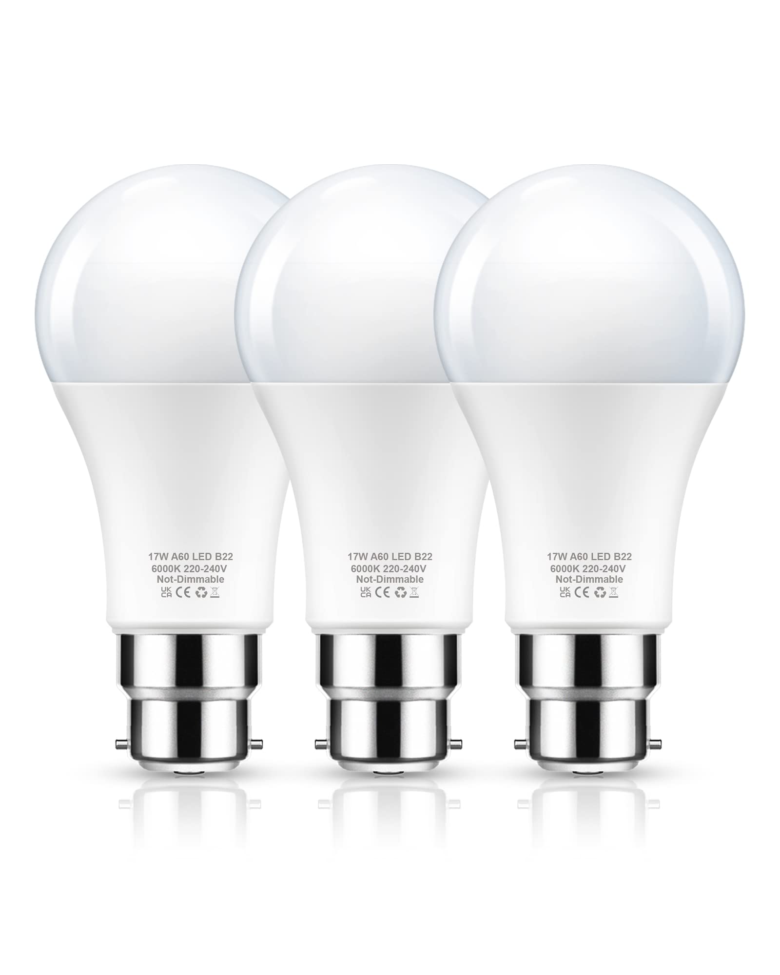 Flaspar 17W B22 Bayonet Light Bulb, 150W Equivalent LED Light Bulbs Bayonet, Daylight 6000K, 1600LM, A60 Energy Saving Bulbs, Not-Dimmable, 3Pack