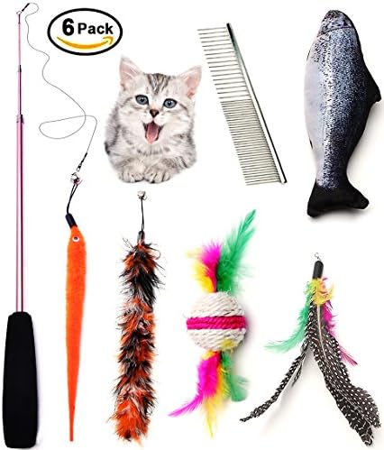 Kidsky Cat Toys Set, Cat Retractable Teaser Wand, Interactive Cat Chaser Toys, a Wand with Two Random Feather Toys, a Pet Comb, a Catnip Fish and a Ball included.