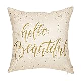 Fjfz Girl Nursery D&eacute;cor Hello Beautiful Motivational Sign Inspirational Quote Girly Decoration Cotton Linen Home Decorative Throw Pillow Case Cushion Cover for Sofa Couch, 18" x 18"