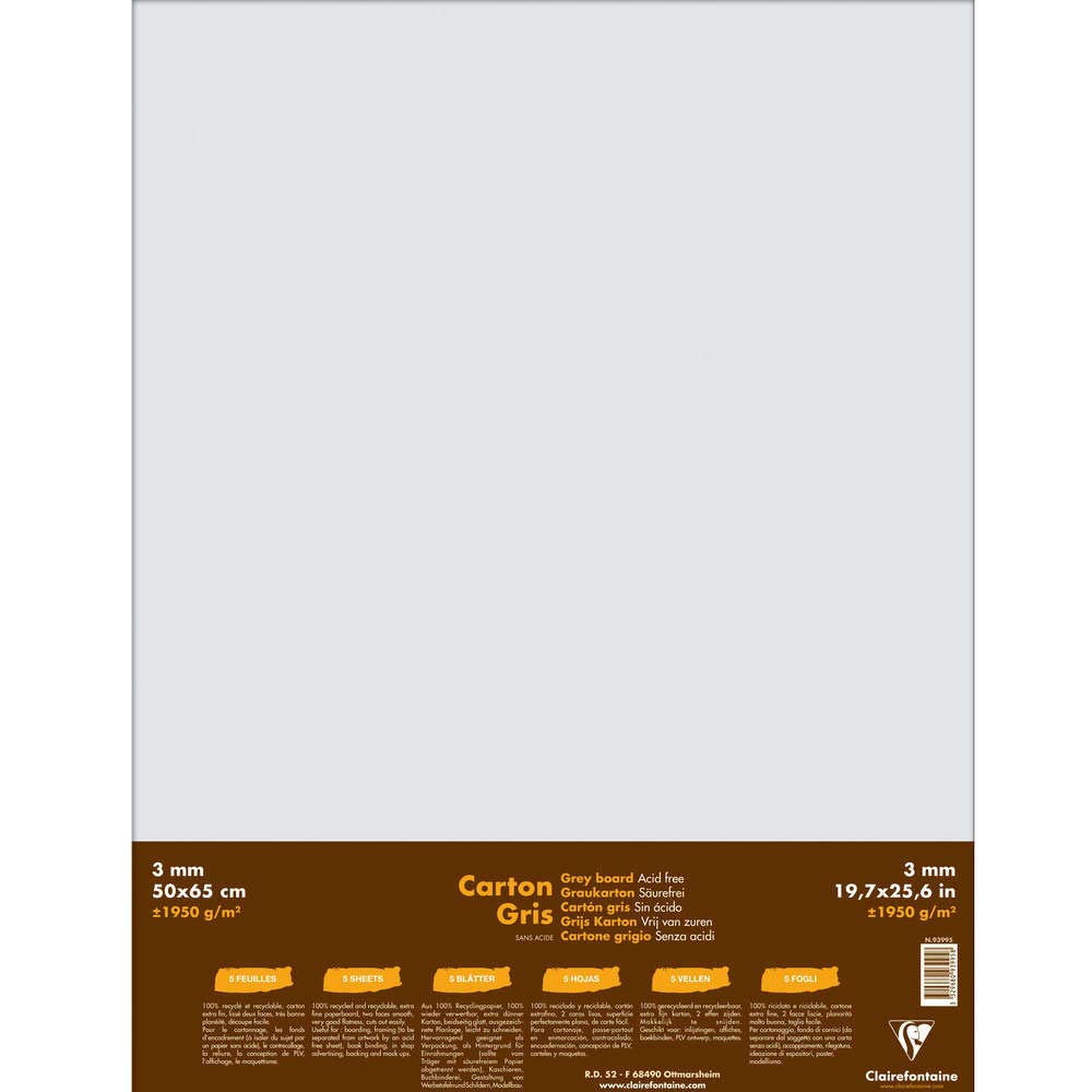 Clairefontaine - Ref 93995C - Recycled Grey Board (Pack of 5 Sheets) - 50 x 65cm Size, 1950gsm, 3mm Thick - Suitable for Framing, Mounting, Binding, Backing