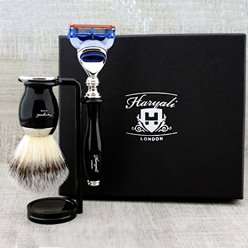 3 Piece Classic Men's Shaving Set in Black Featuring Synthetic Brush & 5 Edge Razor