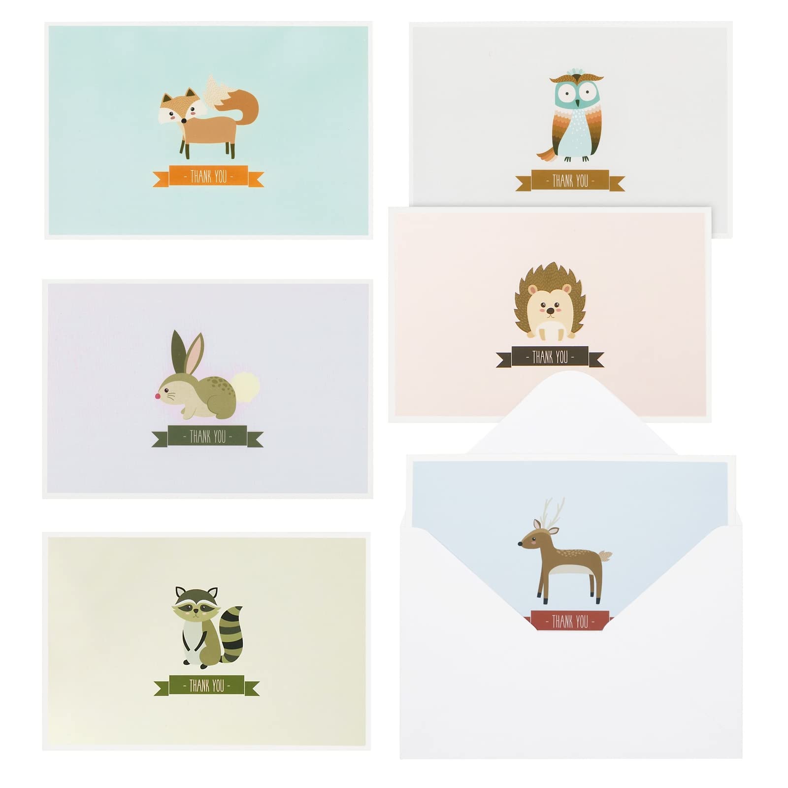 48 Pack Funny Woodland Animal Thank You Cards with Envelopes for Baby Shower, Kids, All Occasion (6 Cute Designs, 10 x 15 cm)