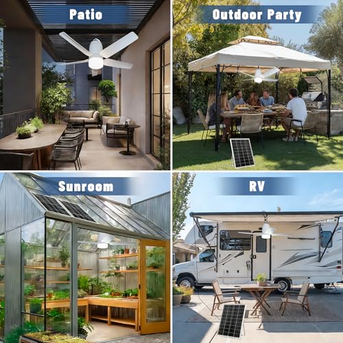 SHUNLEE Solar Outdoor Ceiling Fan Light 31.5'', 60W Solar Powered Portable Gazebo Fan With Remote and Hook, 3000K-6000K LED, 40000mAh Large Hanging Canopy Fan (31.5 inch)