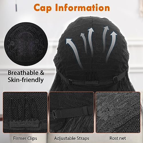 POPTAIYU Black Wigs with Bangs Long Wavy Wig for Women Curly Natural Black Wavy Hair Wigs Heat Resistant Synthetic Fiber Wigs for Daily Party Use 26 Inches (Black)