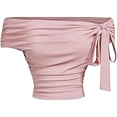 WDIRARA Women's Off The Shoulder Crop Top Short Sleeve Ruched Tee Shirts