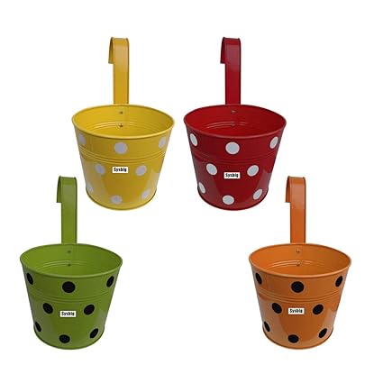 Kraftsplanet Garden Decor Set of Four Polka Painted Ribbed Design Railing planters withhgDetachable Hooks