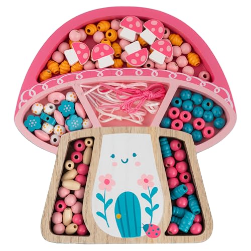 Stephen Joseph, Wooden Bead Kit for Kids, 125 Wooden Beads with 4 Necklace and 4 Bracelet Cords with Reusable Wooden Tray, Premium Wood Jewelry Making Kit for Kids, Mushroom
