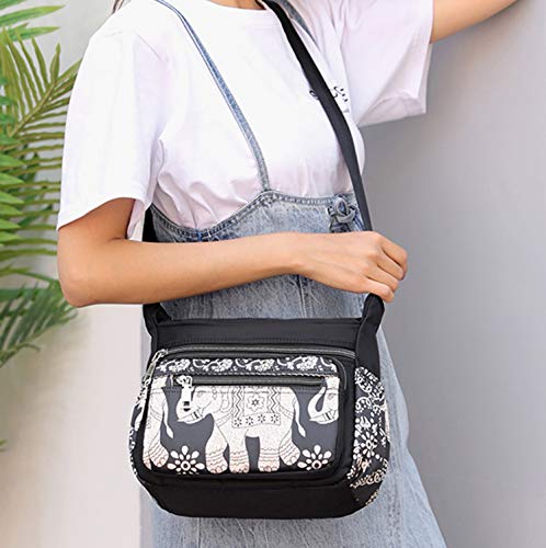 Womens Nylon Floral Shoulder Bag Crossbody Bag Messenger Bags Travel Handbags With Adjustable Strap Waterproof (C white line)