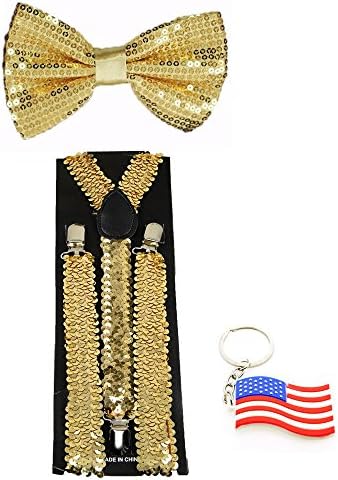 Suspender &amp; Bowtie "Sequin Gold" Y-back Clip on Adjustable Free USA Keychain