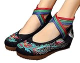 AvaCostume Women's Embroidery Phenix Strappy Round Toe Platform Wedges