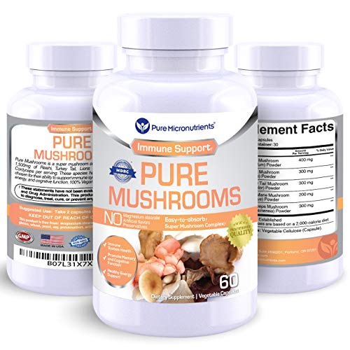 Pure Mushroom Supplement - Lions Mane, Reishi, Chaga, Cordyceps & Turkey Tail - Premium Immune System Booster & Nootropic Brain Complex for Energy, Memory & Focus - 60 Vegan - Pure Micronutrients