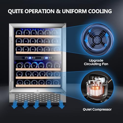 Karcassin 24 Inch Wine Cooler Refrigerator, 46 Bottle Built-in Freestanding Stainless Steel Double Layer Glass Door, Dual Temp Zones Wine Fridge for Red & White Wine with Advanced Cooling System