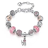 Presentski Fashion Charm Bracelet with Extended Chain for Teen Girls and Women Love Themed Pink Charms