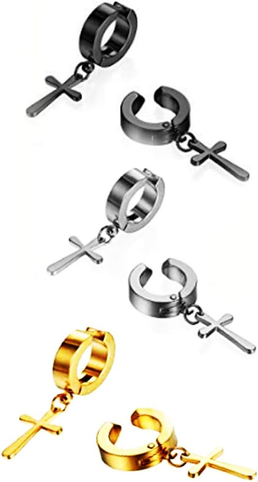 3 Pairs Stainless Steel No Piercing Clip On Cross Hoop Dangle Earrings for Men Women,Hypoallergenic