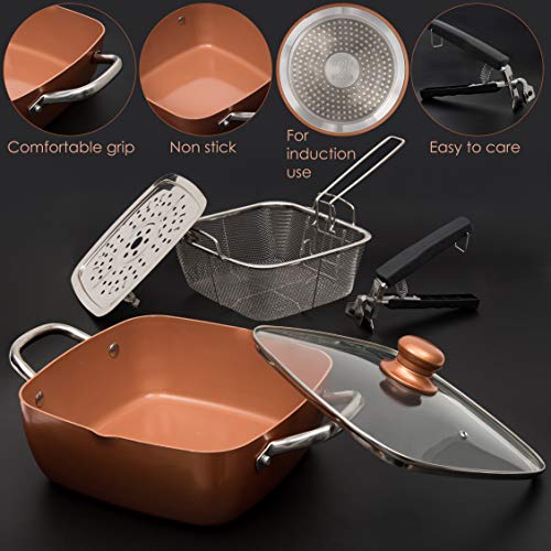 Moss & Stone Copper 5 Piece Set Chef Cookware, 9.5” Non Stick Pan, Deep