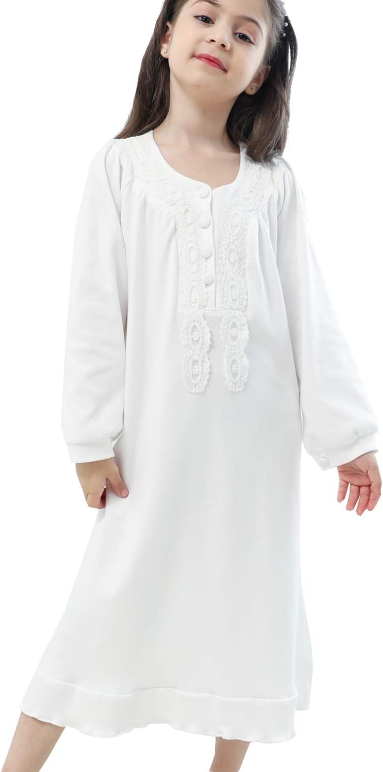 Girls Lovely Lace Nightgowns Long Sleeve Cotton Sleepwear Toddler 3-10 Years