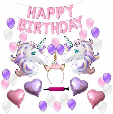 Unicorn Party Supplies Set &amp; Decorations-for Kids by SixSupply Set Of 45 pieces Includes Unicorn Headband, Happy Birthday Balloon, Unicorn Balloons, 24 Latex Balloons W/Air Pump