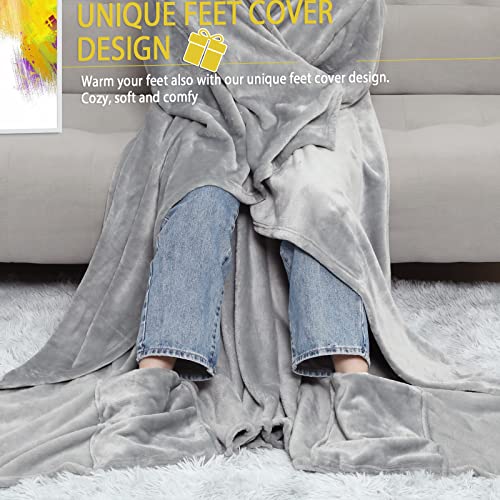 BORPEIN Tragbare Decke mit Fußabdeckung, Gemütliche Umarmung, tragbare Überwurfdecke,weich und warm für Sofaliebhaber für Frauen, Männer, Erwachsene. Einheitsgröße (Gray&White)