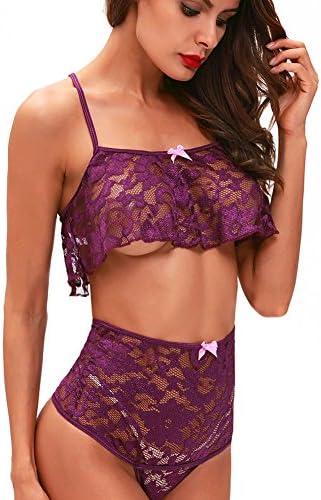 Women's Purple Lace Pajama Set 2 Piece Sheer Mesh Strappy Cami Crop Top and High Waist Thong Bottom Plus Size Sleepwear