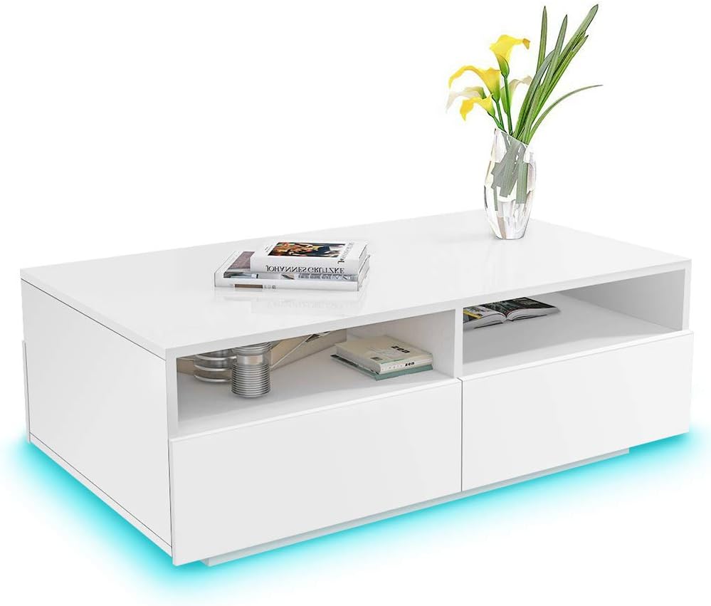 High Gloss Coffee Table White Modern Rectangle with LED Lights, White Side Sofa End Table with 4 Drawers and 2 Open Shelves for Living Room Home Office - 33.46x22.04x13.77 Inch