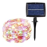 Icicle SUPER BRIGHT Solar Christmas Lights, 26ft 120 LED Waterproof Fairy Copper Wire Starry String Lights for Christmas, Patio, Lawn, Garden, Wedding, Party and Holiday Decorations (Multi-Color)