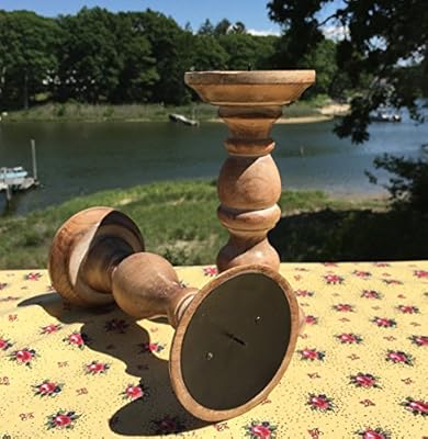 WHW Whole House Worlds Rustic Stockbridge Candle Holders, Set of 2, Rounded Turned Columns, Sustainable Wood, Distressed with Vintage Style White Wash, 9 H x 4 D Inches