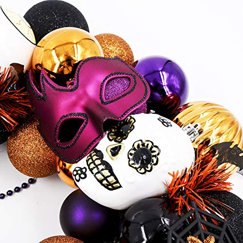 Valery Madelyn 20” Pre-Lit Traditional Halloween Wreath with Spooky Shatterproof Ornaments Including Skulls,Spiders,Eye Balls,Bats and Masks,Rattan Base with 20 LED Lights,Remote and Timer Included