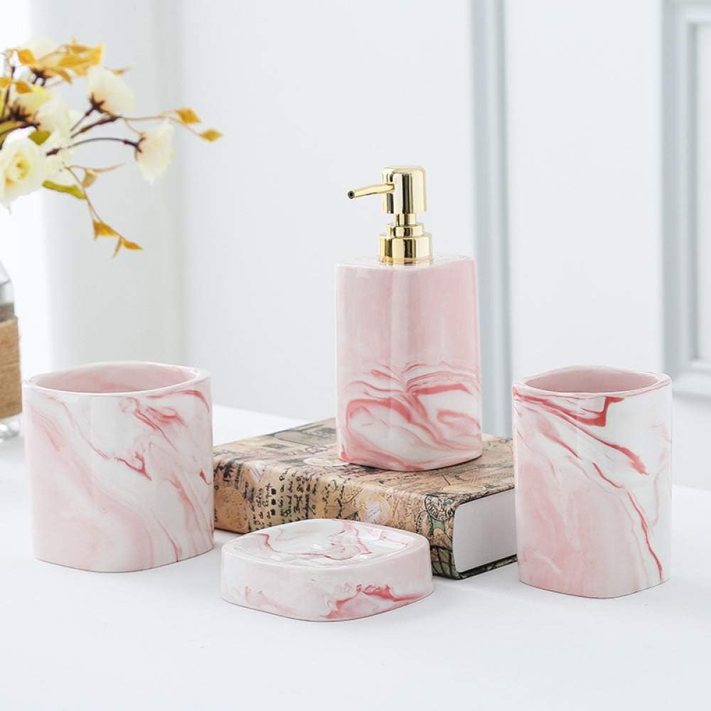 jiyy Simple Style Ceramic Bathroom Accessories Set, 5 Piece Bath Ensemble, Bath Set Collection Marble Pattern，Soap Dispenser Pump, Tumbler *2, Soap Dish，Storage Box,Pink