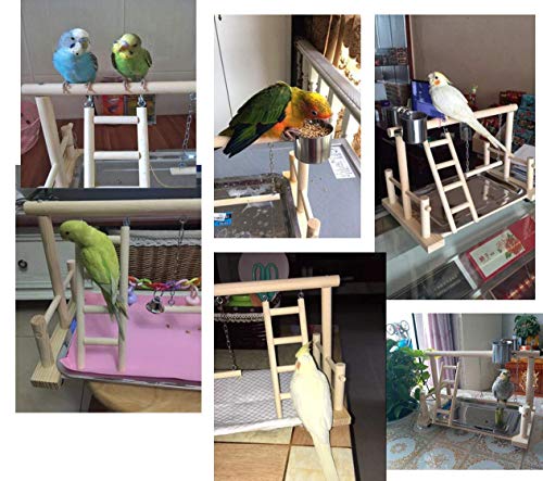 Borange Parrots Playstand Bird Playground Wood Perch Training Stand Cockatiel Playpen Ladders Birds Swing Wood Gym Tabletop with Feeder Cups Toys Exercise Play (Design A) - Thumbnail 5