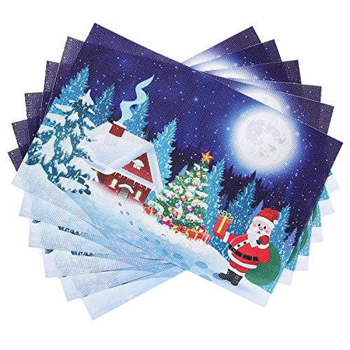 Homing Christmas Placemats for Dining Table Set of 6, Insulation Santa Claus and Gift Box Snowman Blue Landscape Xmas Tree Holiday Place Mats for Kitchen Decor, Washable Heat-Resistant, 12x18 Inch - Thumbnail 5