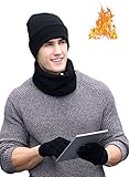 T-wilker 3 Pieces Knitted Hat Set Winter Thick Warm Snug Knit Hat + Scarf + Touch Screen Gloves for Men Womens (Black)